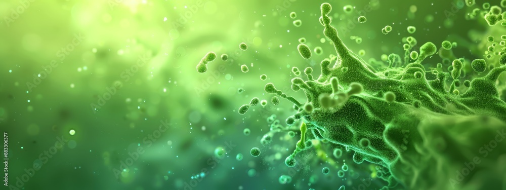 A tight shot of a green substance, adorned with water droplets on its surface, against a softly blurred backdrop A tight shot of a green substance, adorned with water droplets on its surface, against a softly blurred backdrop