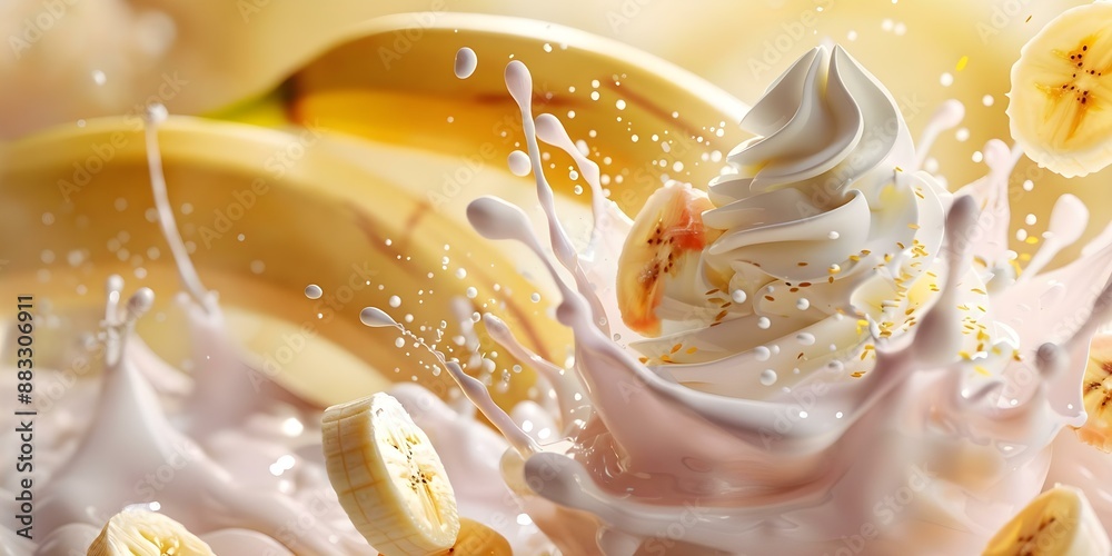Banana yogurt splash in 3D with whipped cream, milk, and fruity slices. Concept Food Photography, 3D Rendering, Food Styling, Yummy Creations, Vivid Colors Banana yogurt splash in 3D with whipped cream, milk, and fruity slices. Concept Food Photography, 3D Rendering, Food Styling, Yummy Creations, Vivid Colors