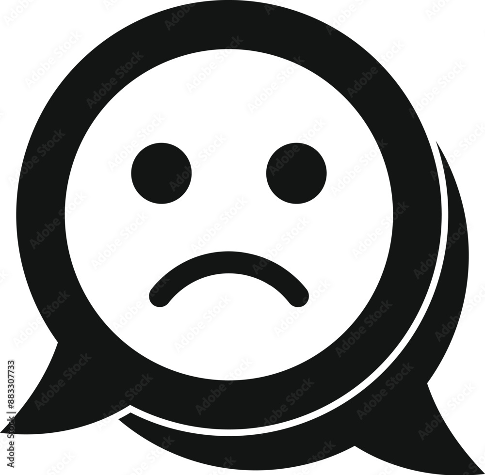Fototapeta premium Black and white icon of a speech bubble with a sad face, representing negative feedback