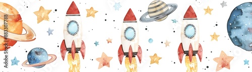 Rockets and planets in watercolor seamless pattern for kids room decor photo