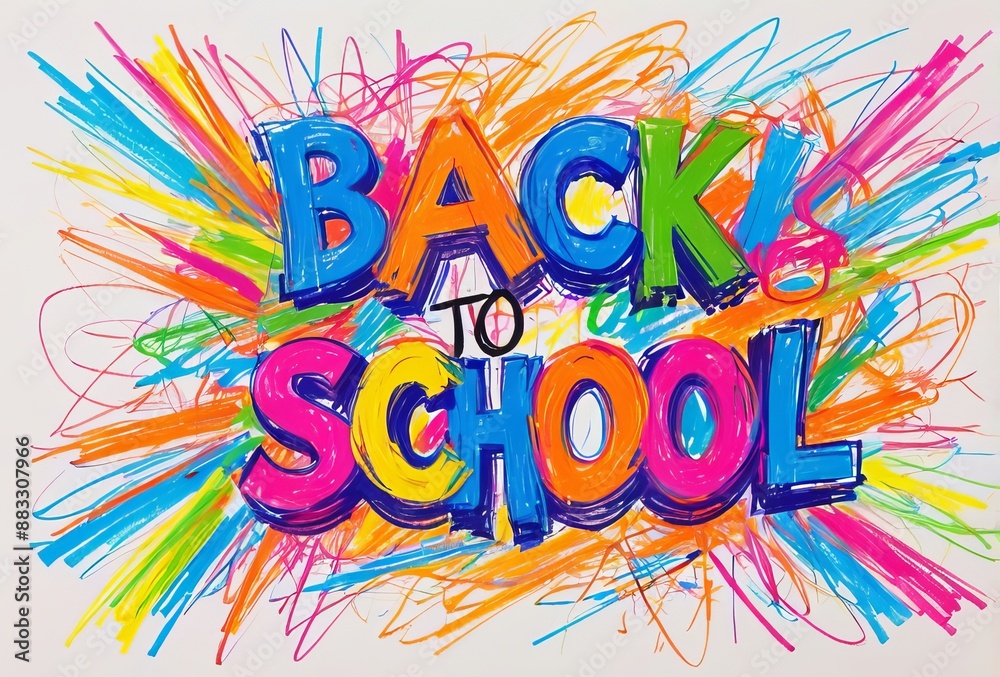 Fototapeta premium Colorful scribbles text Back to school in chaotic wax crayon drawing style