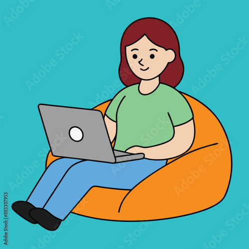 Woman on Bean Bag with Laptop Vector Graphic Design