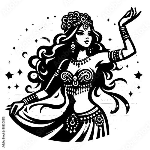 Vector drawing , black and white of a belly dancer