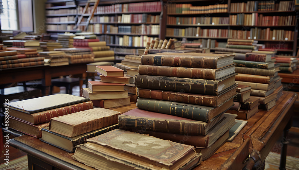 Fototapeta premium Many books on wooden table in library