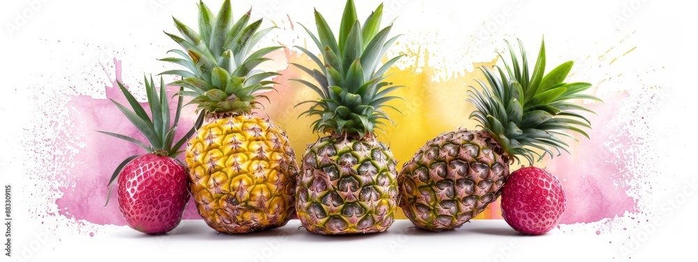 A collection of pineapples and strawberries arranged on a pink-yellow painted backdrop A collection of pineapples and strawberries arranged on a pink-yellow painted backdrop