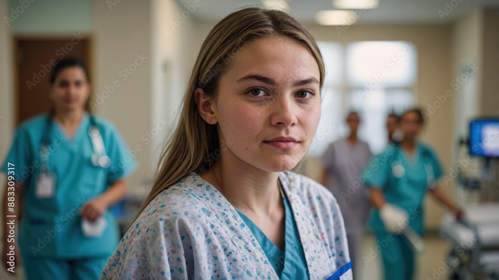 A nurse stands in a hospital corridor with a medical team in the background, showcasing teamwork and patient care in a healthcare setting.
A nurse stands in a hospital corridor with a medical team in the background, showcasing teamwork and patient care in a healthcare setting.