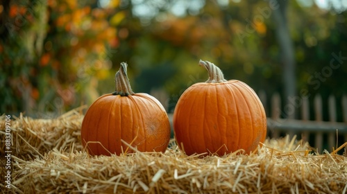 Pumpkins on bales of straw and sunflowers, autumn composition concept design
