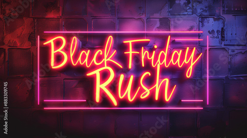 Realistic isolated neon sign of logo on the wall background with the phrase "Black Friday Rush"