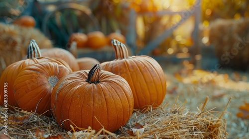 Pumpkins on bales of straw and sunflowers, autumn composition concept design