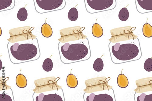 Seamless pattern with Plum Jam, marmalade. Canned ripe plum hand drawn. Jar preserved fruits. Repeated Flat vector for menu, wallpaper, wrapping paper, packing, textile. Farmers market, Vegan food