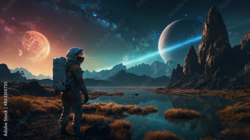 Astronaut standing on an alien landscape with two moons and a ringed planet in the sky Astronaut standing on an alien landscape with two moons and a ringed planet in the sky