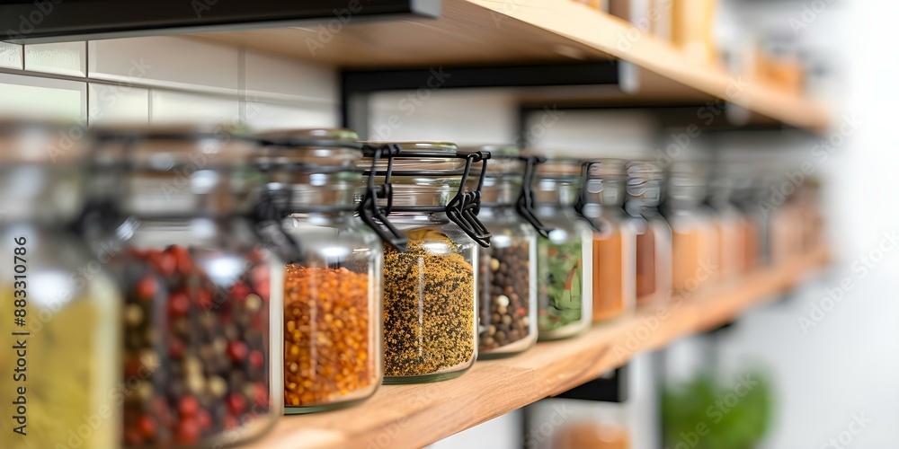 Scandinavian-Style Wall-Mounted Spice Rack for Stylish Kitchen Organization and Storage. Concept Kitchen Organization, Wall-Mounted, Scandinavian Style, Spice Rack, Stylish Storage Scandinavian-Style Wall-Mounted Spice Rack for Stylish Kitchen Organization and Storage. Concept Kitchen Organization, Wall-Mounted, Scandinavian Style, Spice Rack, Stylish Storage