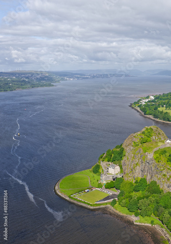 Dumbarton castle building on volcanic rock aerial view from above Scotland photo