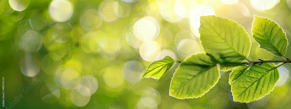 A tight shot of a green leaf on a branch, sunlit by shining rays, backdrop softly blurred A tight shot of a green leaf on a branch, sunlit by shining rays, backdrop softly blurred