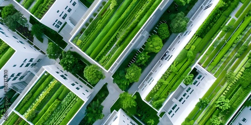 Sustainable Urban District Aerial Perspective of Green Buildings and Gardens. Concept Sustainable Architecture, Urban Development, Green Infrastructure, Aerial Photography, Eco-friendly Design #883312310