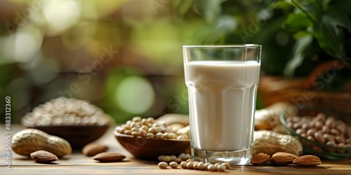Plant-Based Milk Alternatives and Nuts Display. Concept Plant-Based Milks, Nut Alternatives, Dairy-Free Options, Healthy Beverage Choices © Anastasiia