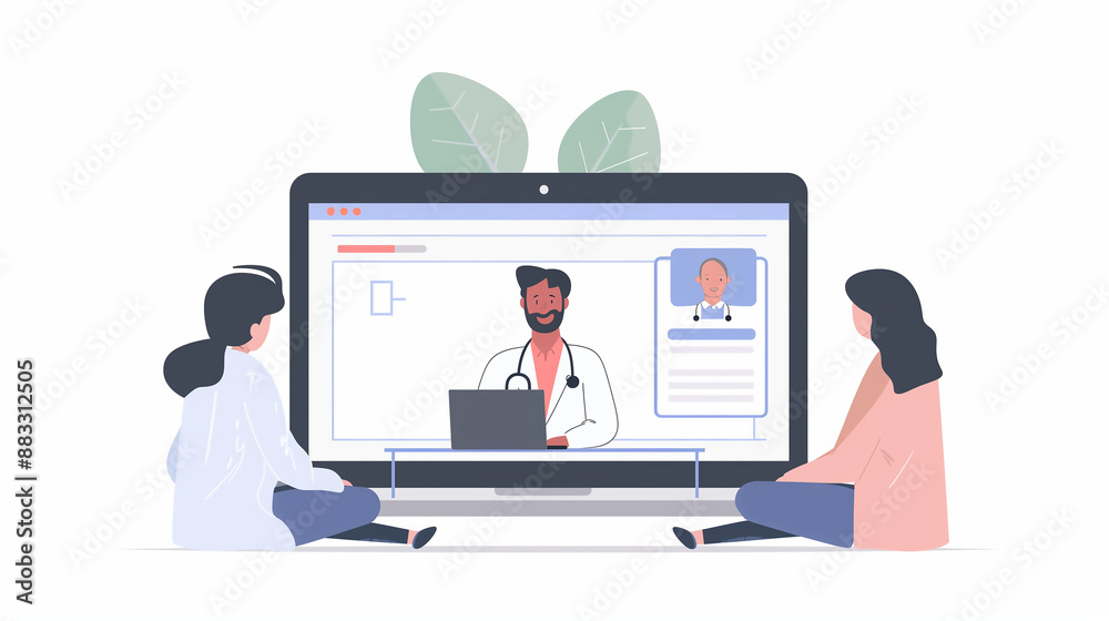 Two patients at the computer screen where doctor consulting them online Two patients at the computer screen where doctor consulting them online