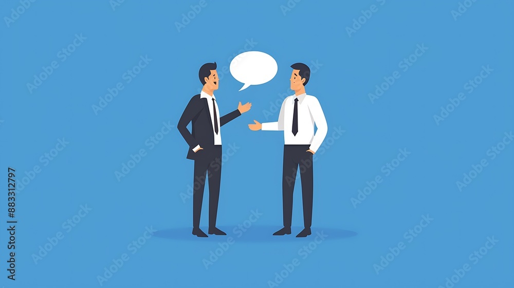 Two businessmen in suits discussing work with a speech bubble Two businessmen in suits discussing work with a speech bubble