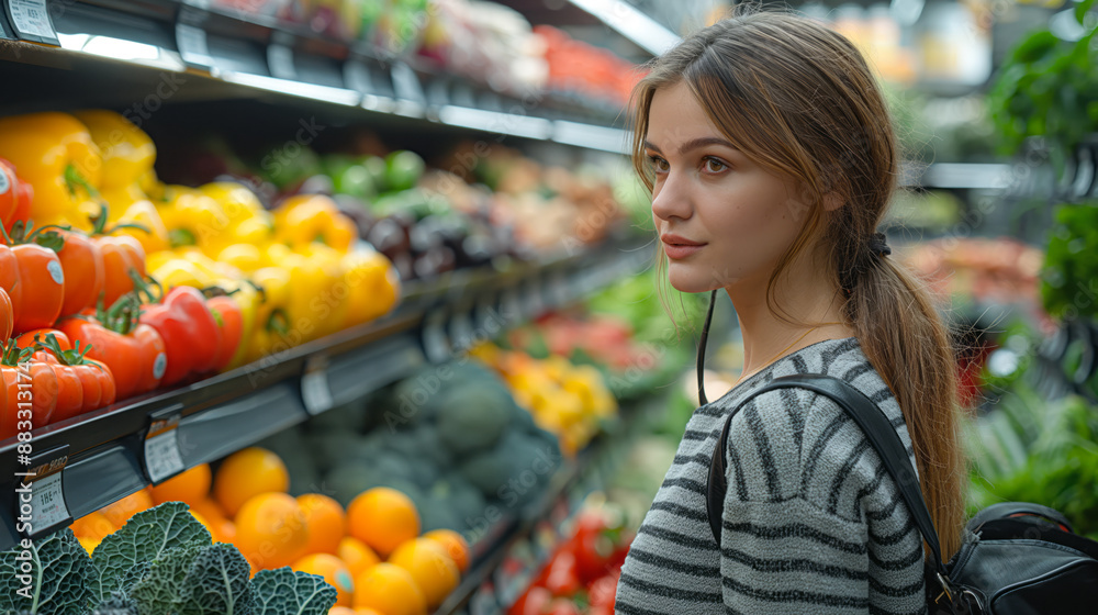 woman shopping for fruits and vegetables woman shopping for fruits and vegetables
