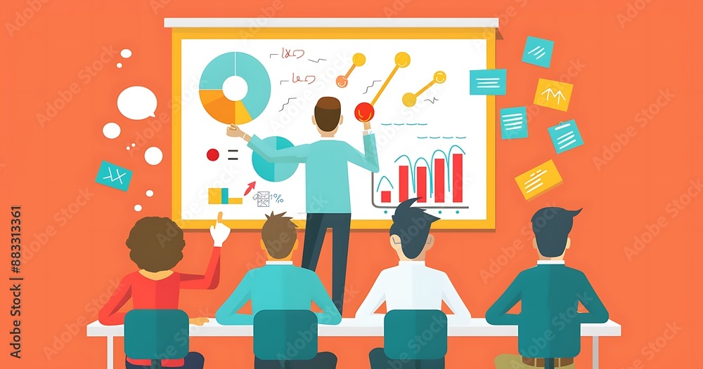 Illustration of a business meeting with a man presenting financial data Illustration of a business meeting with a man presenting financial data