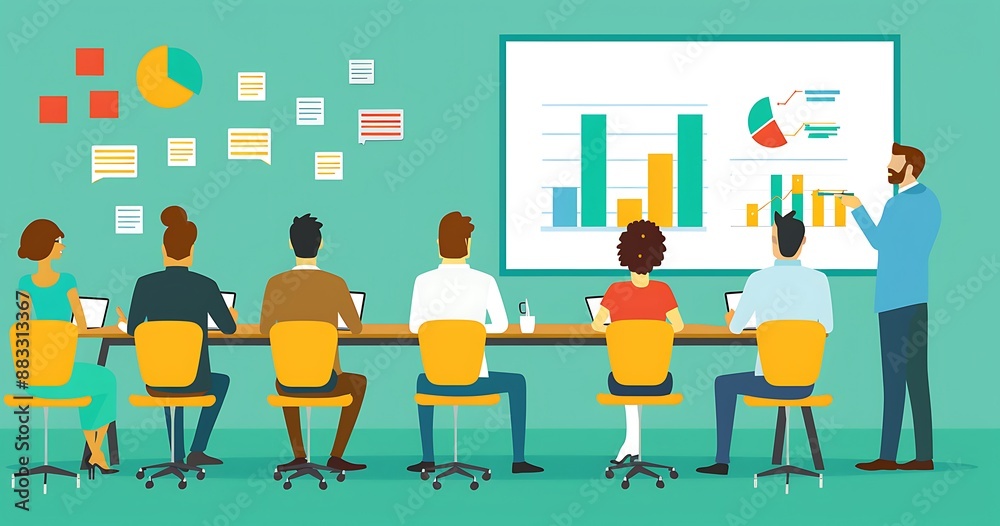 Diverse business team in a meeting discussing financial data and graphs Diverse business team in a meeting discussing financial data and graphs