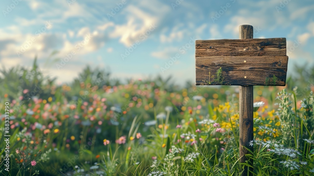 Naklejka premium Rustic Wooden Signpost in a Vibrant Flower Meadow Under a Sunny Sky