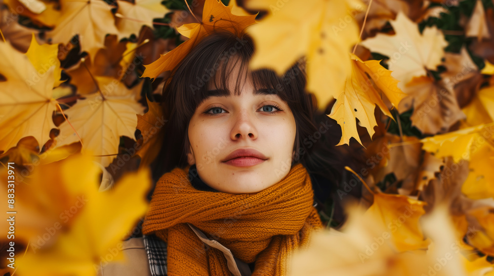 Young woman with autumn leaves and fall yellow maple garden background, Young woman with autumn leaves and fall yellow maple garden background,