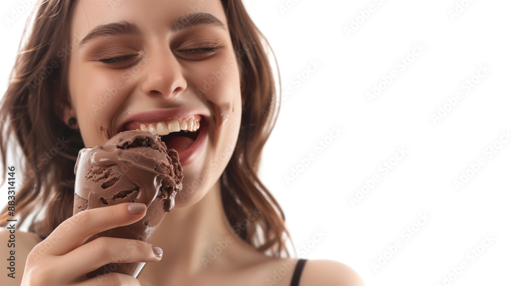Young women with eyes wide open savors chocolate ice cream from a bowl Young women with eyes wide open savors chocolate ice cream from a bowl