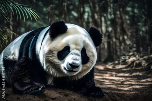 Giant panda eating bamboo in the forest.