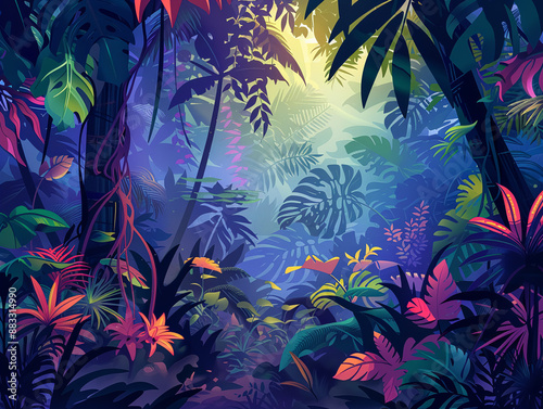 Cinematic shot of a tropical rainforest, lush flora and fauna, dynamic lighting, vibrant colorsVector illustrations photo