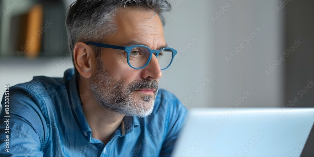 Mature businessman in a virtual meeting focused on laptop screen. Concept Virtual Meeting, Businessman, Mature, Laptop Screen, Remote Collaboration