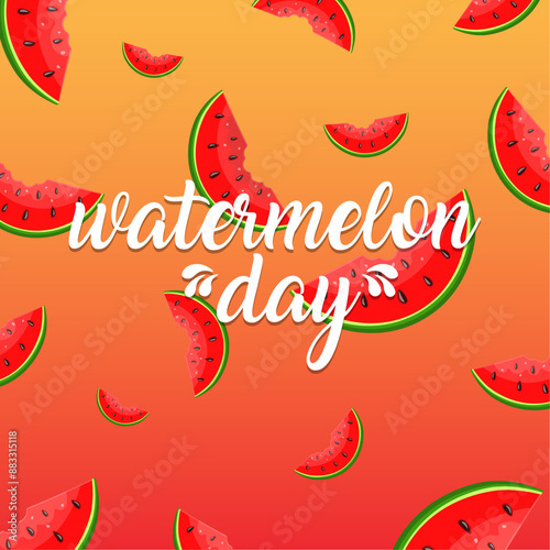 inscription Watermelon Day in white letters on a bright background with pieces of watermelon