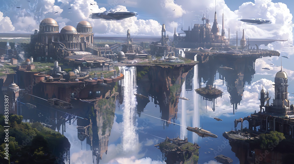 Fototapeta premium Futuristic floating city with airships and waterfalls