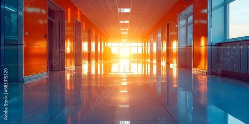 Modern Lighting and Technology Enhance the Ambiance of an Empty School Hallway. Concept School Hallway, Modern Lighting, Technology, Ambiance, Photography photo