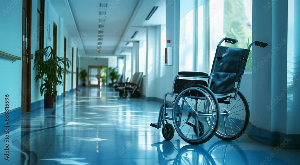 A vacant wheelchair in a bright, spacious hospital corridor with reflections on the shiny floor. A vacant wheelchair in a bright, spacious hospital corridor with reflections on the shiny floor.