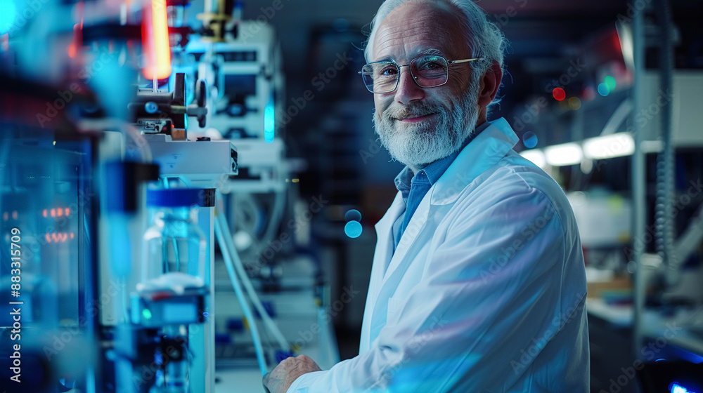 Environmental portrait of a scientist in a lab, modern equipment, soft lighting Environmental portrait of a scientist in a lab, modern equipment, soft lighting