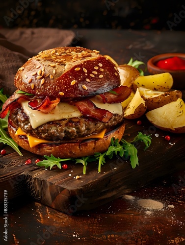 Fresh Arugula Topped Gourmet Burger photo