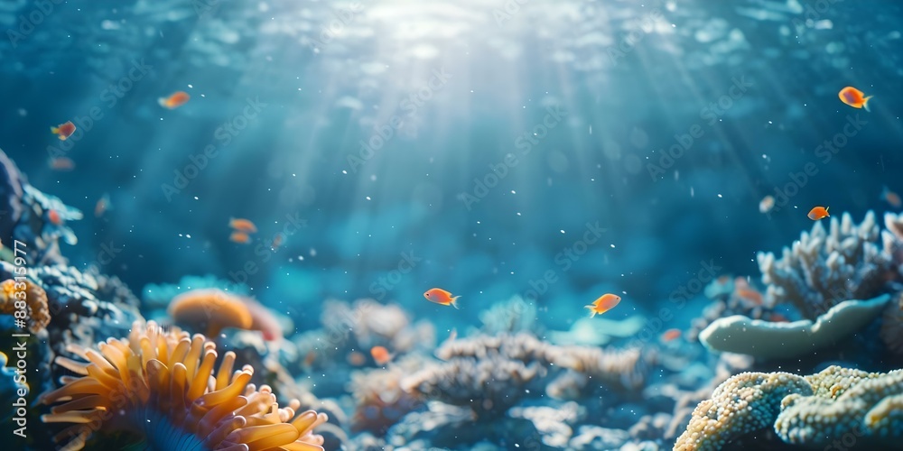 Fototapeta premium Vibrant underwater coral reef with diverse marine life showcasing beauty of ocean. Concept Underwater Photography, Coral Reef Ecosystem, Marine Biodiversity, Ocean Conservation, Colorful Marine Life