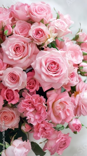 Pink roses overhead view full bloom filled white background.