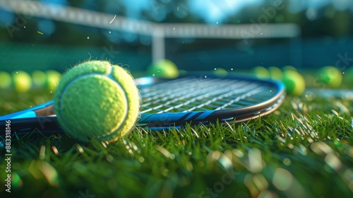 Close-up of Tennis Racket and Balls on a Grass Court in a Sunny Outdoor Setting photo