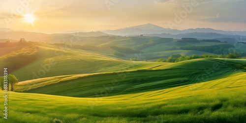 Scenic sunset casts golden glow on rolling hills serene nature beauty. Concept Nature Photography, Golden Hour, Landscape, Scenic Views