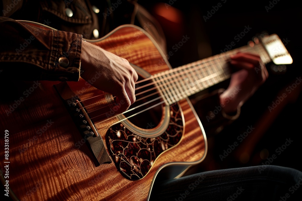Fototapeta premium Close-Up of Musician Playing Acoustic Guitar With Shimmering Wooden Body in Studio Lighting