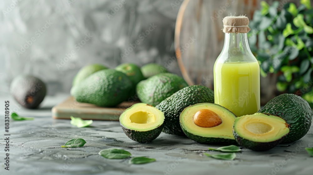 Fresh Avocados and Bottled Avocado Oil on Rustic Background Fresh Avocados and Bottled Avocado Oil on Rustic Background