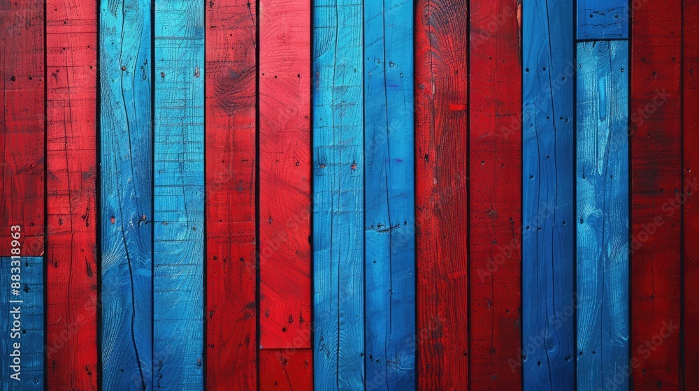 Red and blue wooden strips on a red and blue backdrop Red and blue wooden strips on a red and blue backdrop