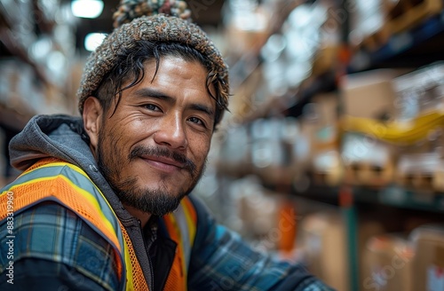 Smiling Hispanic Worker in Safety Vest Sitting on Hand Truck in Warehouse, Industrial Storage Company Portrait