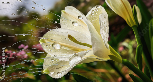 Freesia nature cellarful flower with water drop, Beautifully detailed Freesia flower, Generative AI photo