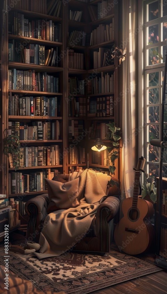 Cozy Reading Nook with Guitar and Bookshelf for Relaxation and Inspiration
