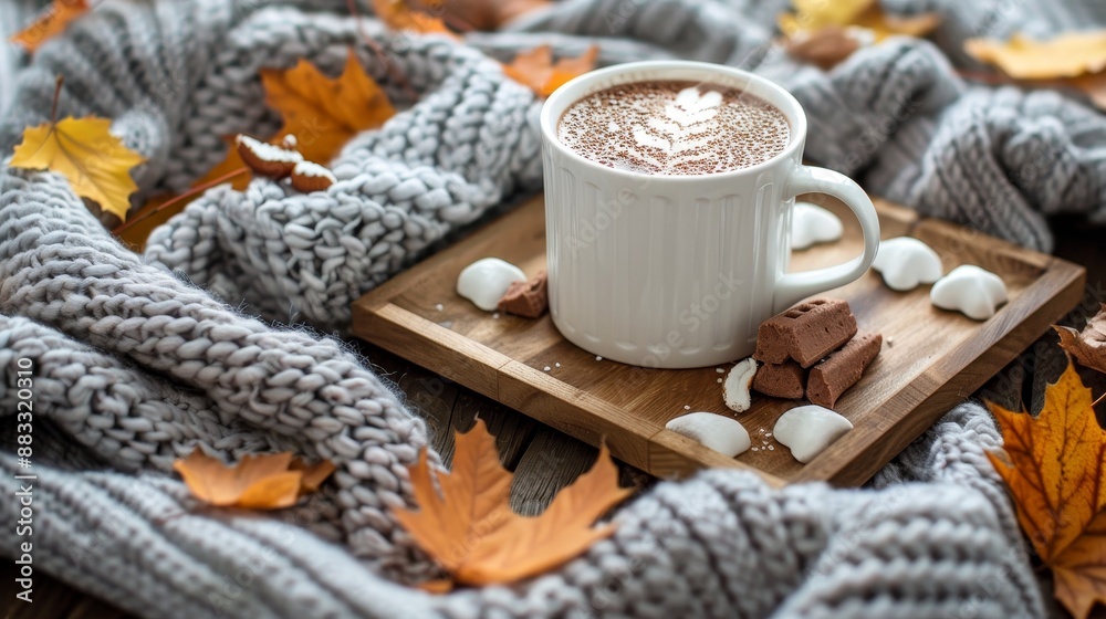 Cozy autumn scene with a cup of hot cocoa, a knitted blanket, and fallen leaves, perfect for relaxation Cozy autumn scene with a cup of hot cocoa, a knitted blanket, and fallen leaves, perfect for relaxation