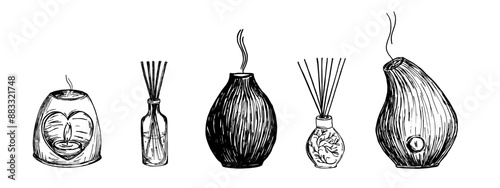 Home incense, aroma diffuser. Aromatherapy. Vector illustration. Outline set of diffuser vector icons for web design isolated on white background.