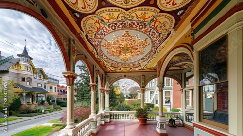 The detailed, hand-painted ceiling of a Suburban Victorian homea??s porch, featuring an intricate pattern that adds a unique touch to the property photo